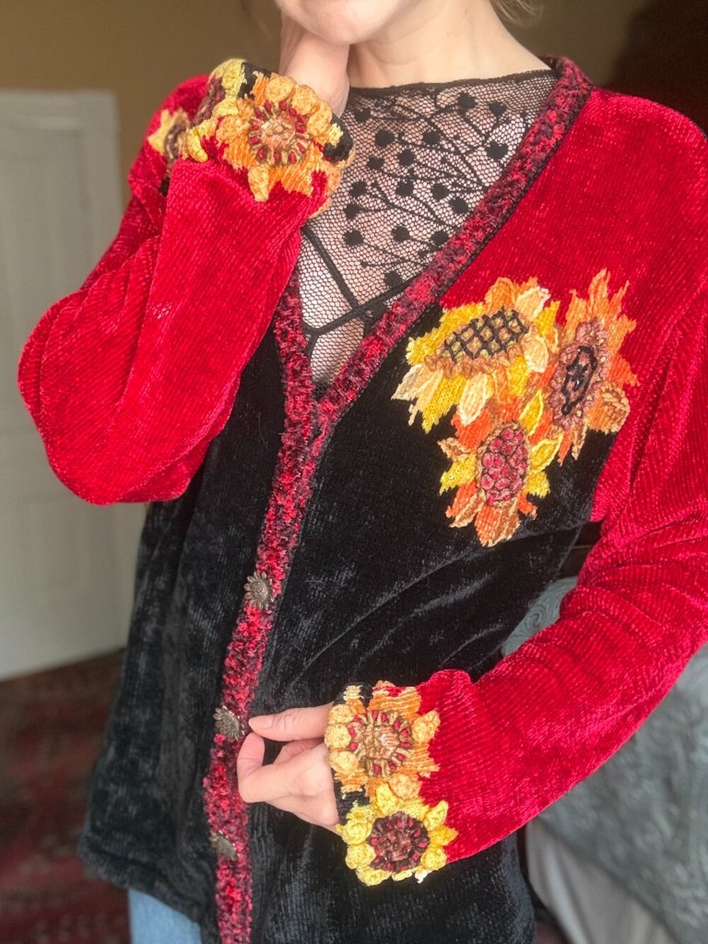 90's Y2K Sunflower Chenille Cardigan